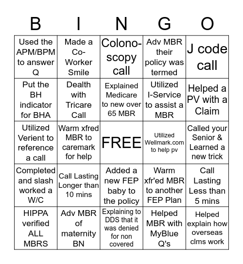 BCBS FEP BINGO Card