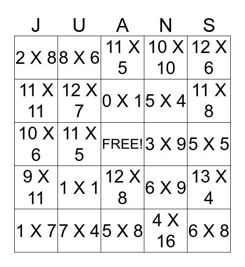 Juan's Amazing Bingo Card