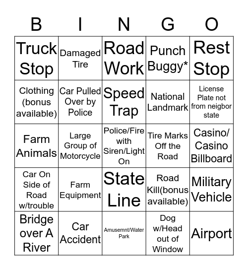 Road Trip Bingo Card