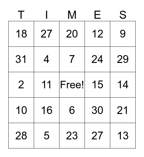 Multiplication Bingo Card