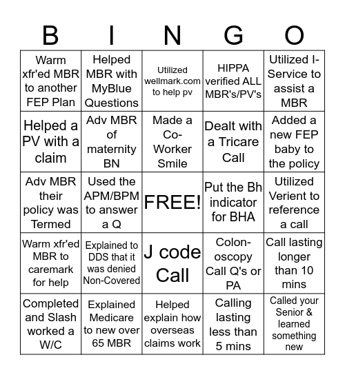 FEP Bingo Card