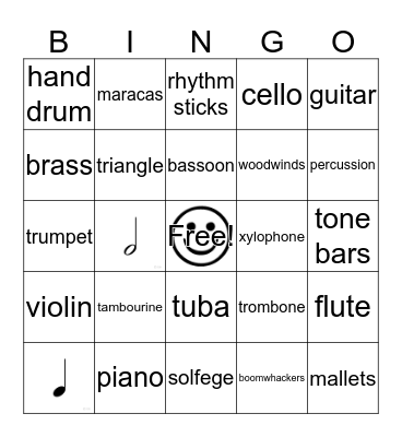 Elementary Music Bingo Card