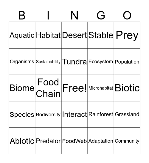 Biodiversity Bingo Card