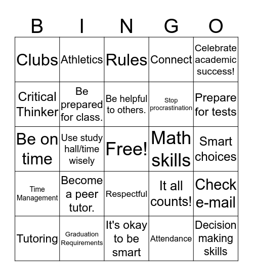 Middle School to High School Transition Bingo Card