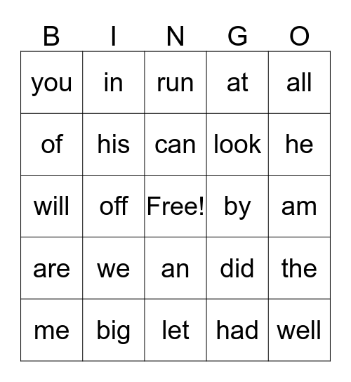 K Sight Words (Card 1) Bingo Card
