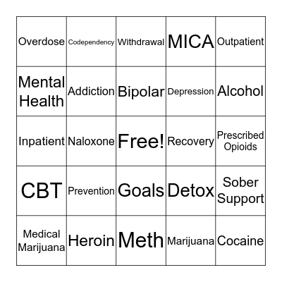 Substance Abuse Bingo Card