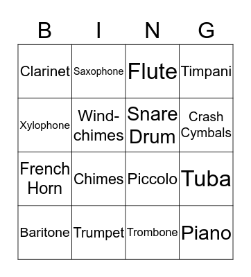 2nd Grade Instrument Bingo Card