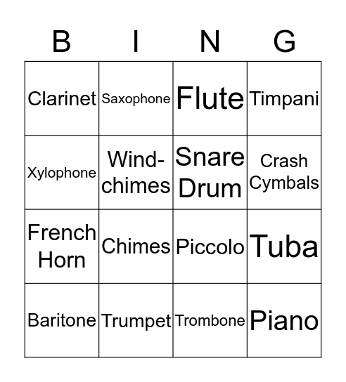 2nd Grade Instrument Bingo Card