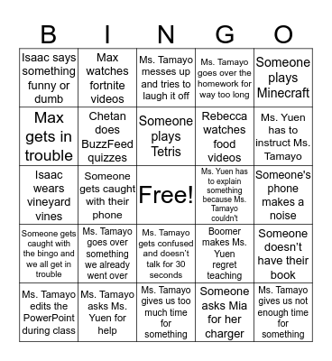 english class Bingo Card