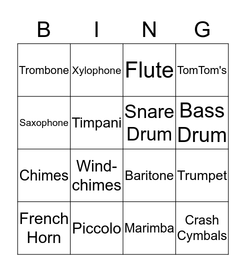2nd Grade Instrument Bingo Card