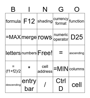 Spreadsheets BINGO Card