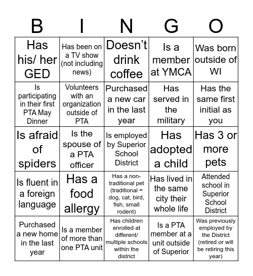 PTA BINGO:  Find Someone Who... Bingo Card