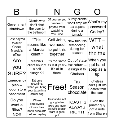 Tax Season Bingo 2019 Bingo Card