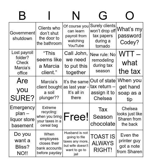 Tax Season Bingo 2019 Bingo Card