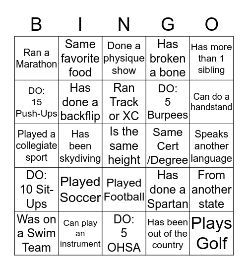 FITGO Bingo Card