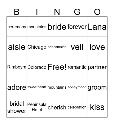 Lana's Bridal Shower BINGO Card