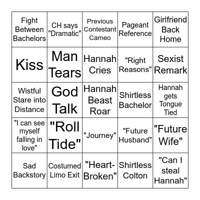 Hannah Bachelorette Premier  Bingo Card