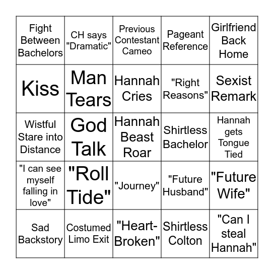 Hannah Bachelorette Premier  Bingo Card