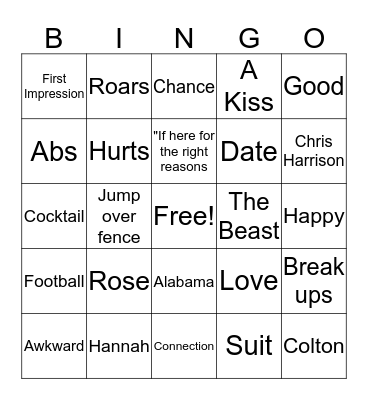 The Bachelorette Bingo Card