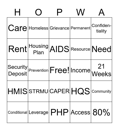 HOPWA Bingo Card