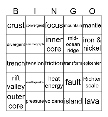 Inside Earth Bingo Card
