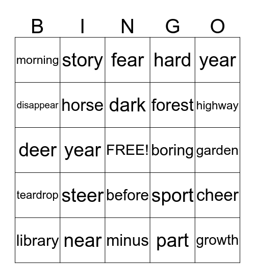 List 5- Grade 4 Bingo Card