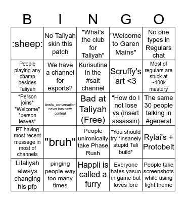 Taliyah Mains Bingo Card