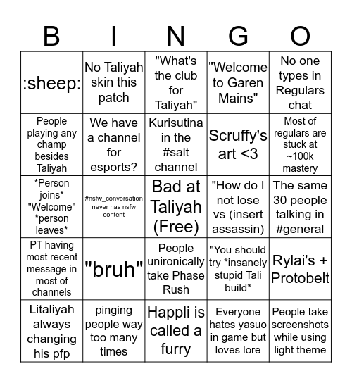 Taliyah Mains Bingo Card