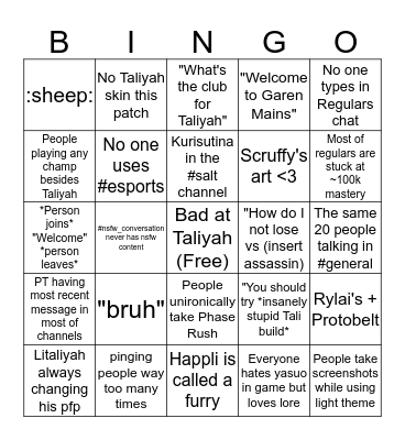 Taliyah Mains Bingo Card