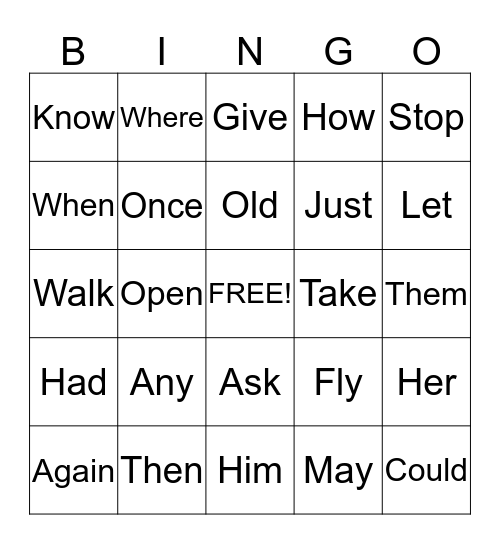 Sight Word Bingo Card