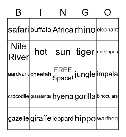SAFARI Bingo Card