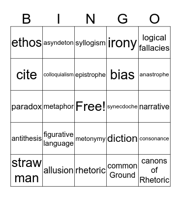 Literary Term Bingo Card