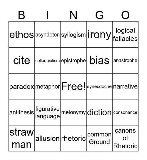 Literary Term Bingo Card