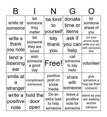 Spread Kindness Like Confetti Bingo Card