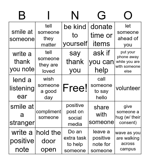 Spread Kindness Like Confetti Bingo Card