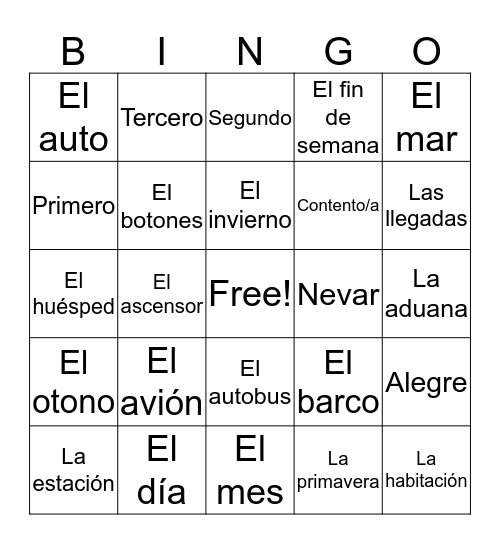 Descubre 1 Chapter 5 Vocabulary Bingo Card