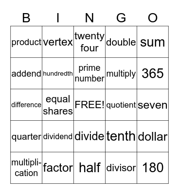 Math Vocabulary Bingo Card