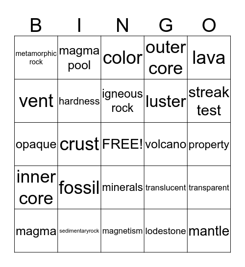 Rocks and Minerals Bingo Card