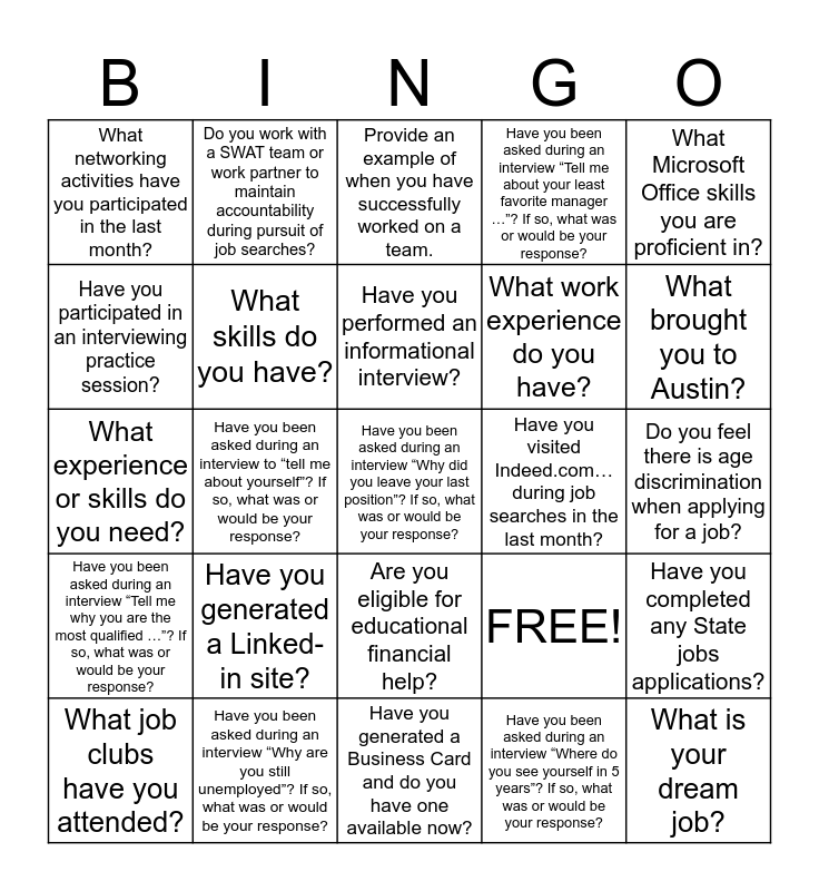 Job Search Bingo Card
