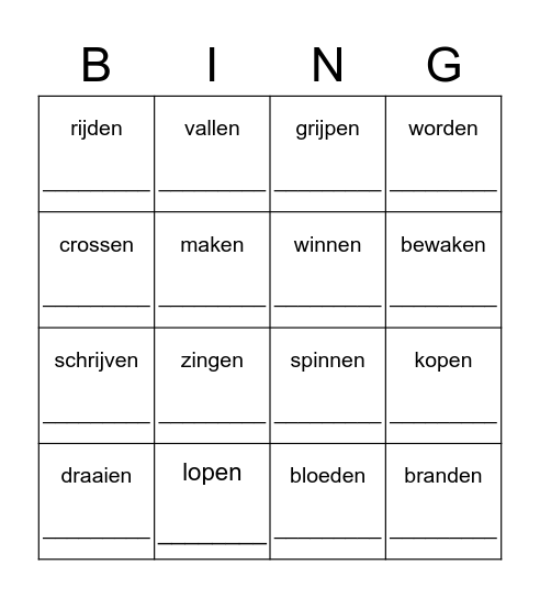 Werkwoordenbingo!  Bingo Card