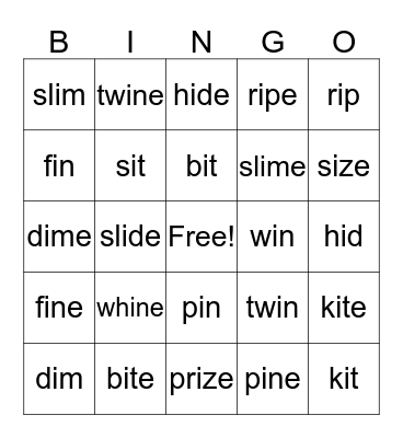 Long i - Magic e, Short i Bingo Card