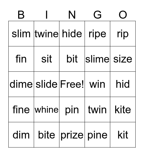 Long i - Magic e, Short i Bingo Card