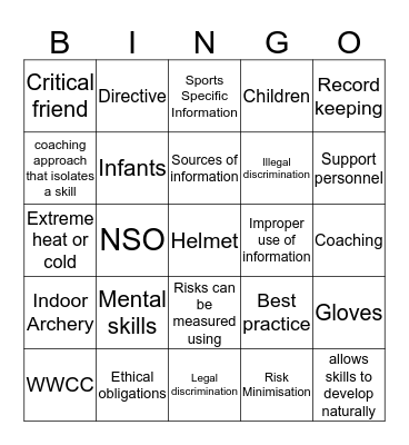 VET SPORT & REC - COACHING Bingo Card