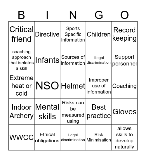 VET SPORT & REC - COACHING Bingo Card