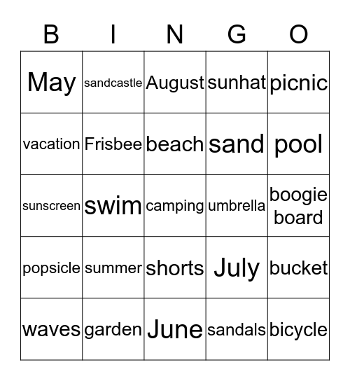 Summer Words Bingo Card