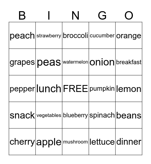 Frutas y verduras Bingo Card