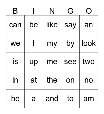 Sight Words Bingo Card