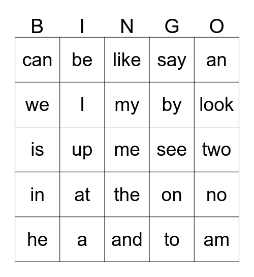 Sight Words Bingo Card