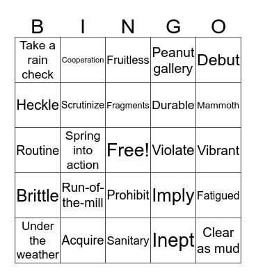 Vocabulary Review III Bingo Card