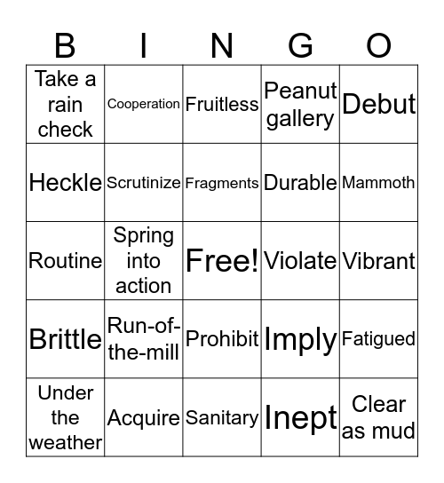 Vocabulary Review III Bingo Card